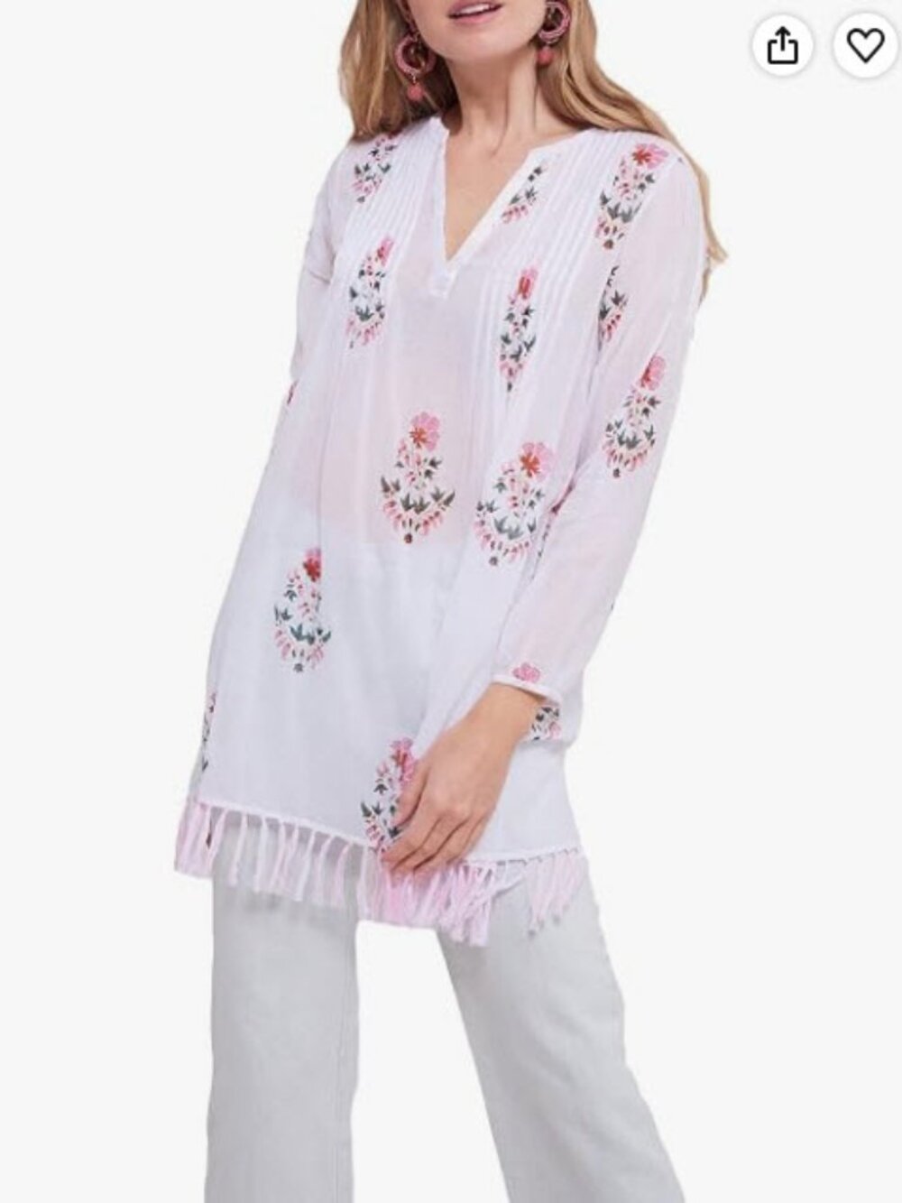 Womens Roller Rabbit White Pink (Item- 226) Floral Arelle Ziva Tunic Top XS